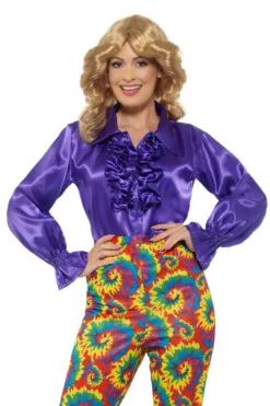 Purple Satin Satin Ruffle Ladies Shirt