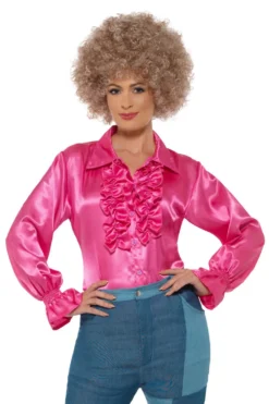 Pink Satin Ruffle Ladies Shirt